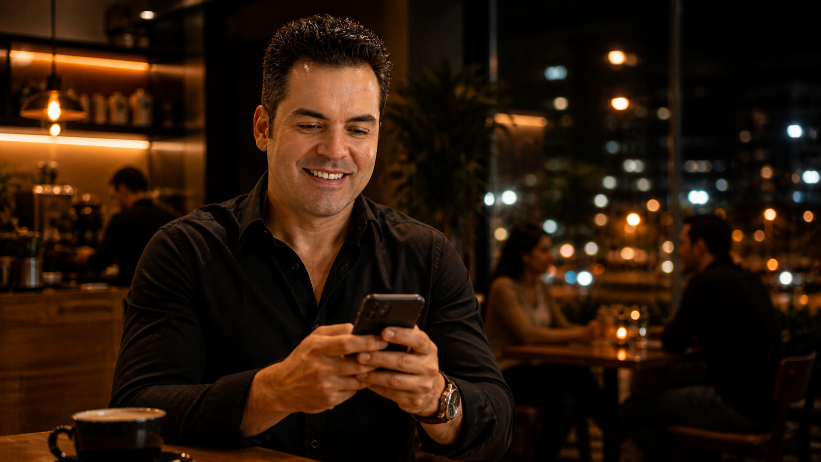 Dueño de negocio en Quito revisando clientes de Google Maps y WhatsApp